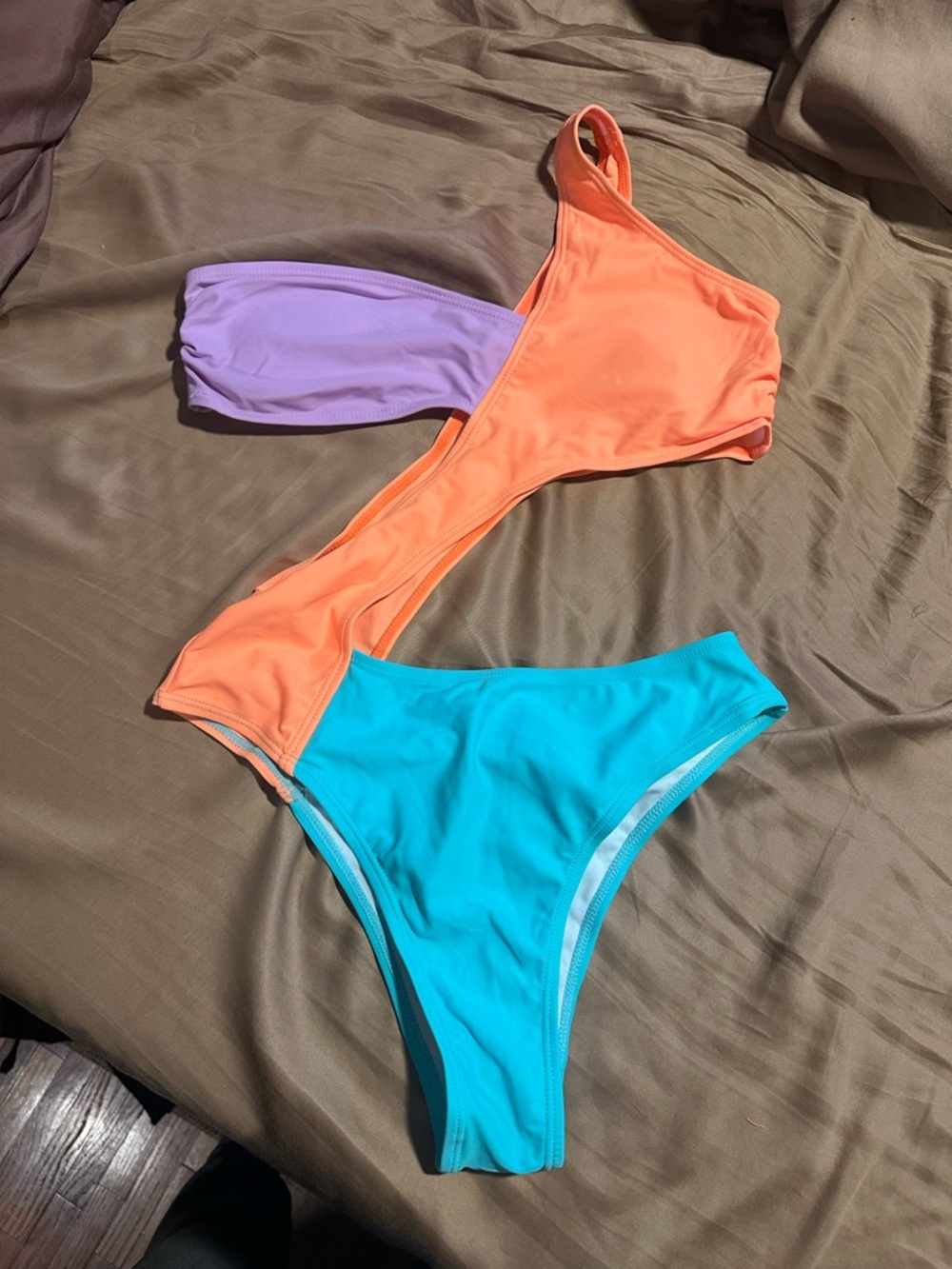 SHEIN Colorblock One-Shoulder One-Piece Swimsuit - Orange, Turquoise, Lilac